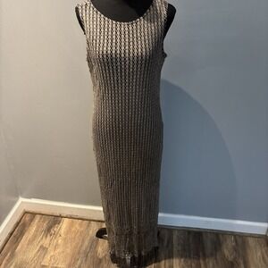 Vtg Harlow Black Gold Metallic Fringe Maxi Dress Gatsby Flapper Women's Sz M